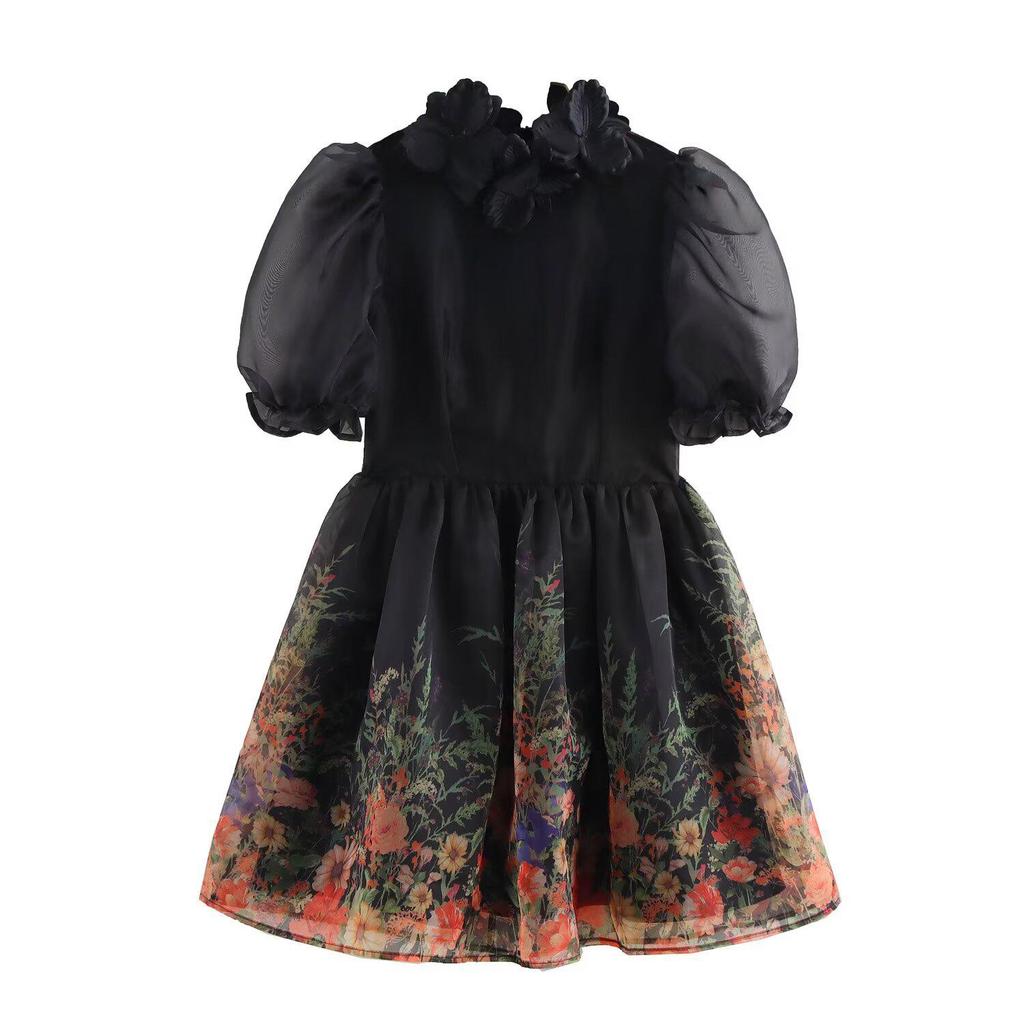2025 Spring Women's Fashion Puff Sleeve Dress with 3D Floral Decoration