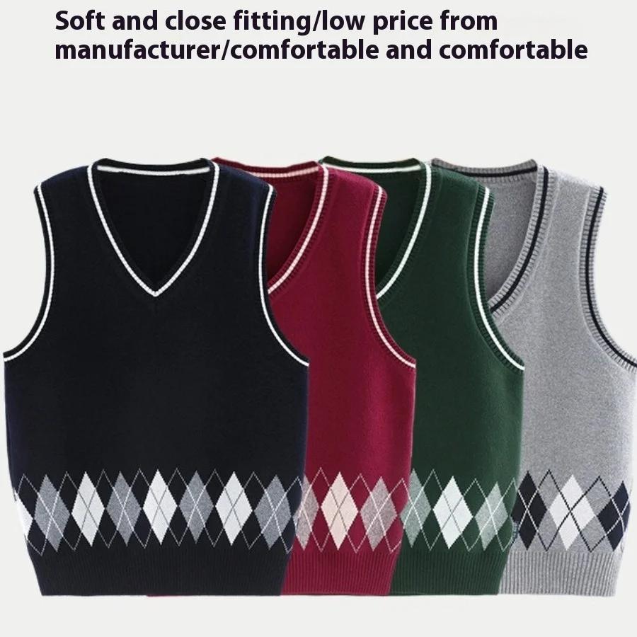 Подростковые жилеты Детский вязаный жилет Жилет-свитер для школьной формы для мальчиков и девочек 100% хлопок V-образный вырез Пуловер Преппи стиль Детские топы