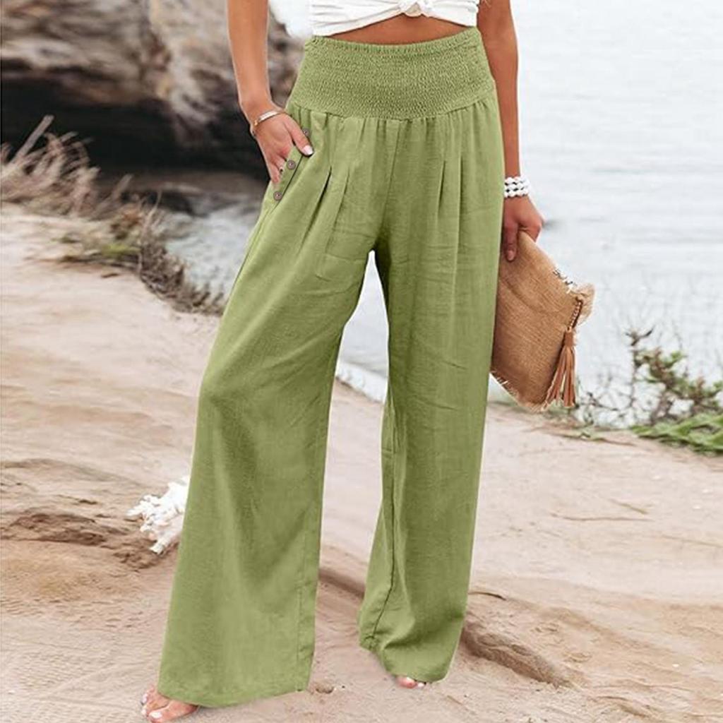 Women's Casual Loose High Waist Cotton Linen Wide Leg Long Pants With Pockets