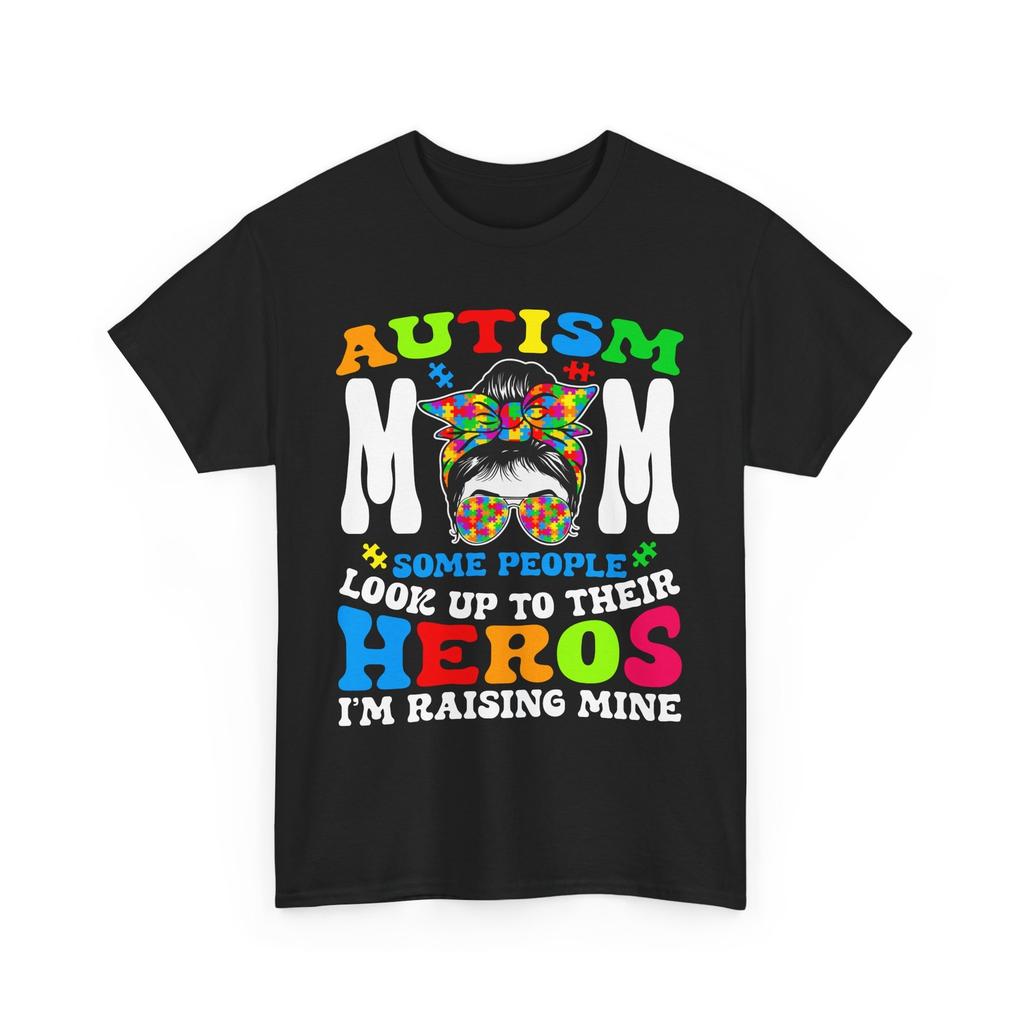 Autism Mom Raising Hero Groovy Messy Bun Autism Awareness Shirt
