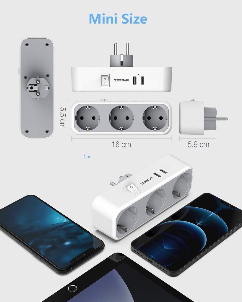 Tessan USB-адаптер с 3 розетками переменного тока и 2/3 USB-портами для зарядки, многоразовый удлинитель с вилкой европейского стандарта, для смартфона, планшета, MP3