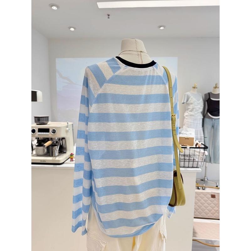 Модная блузка из тюля с круглым вырезом, в полоску с принтом, для защиты от солнца, футболка с длинным рукавом, женский универсальный свободный топ