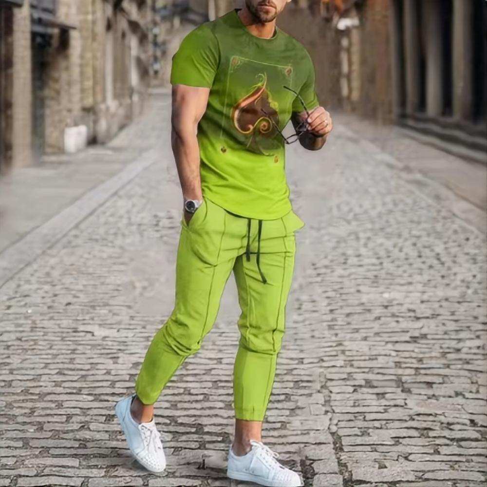 2024 мужской летний костюм градиентный тренд футболка с короткими рукавами длинные брюки костюм-двойка 3D-принт ретро-стиль круглый вырез уличная одежда