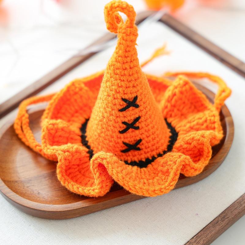 Halloween Pet Witch Costume Set Crochet Pointed Hat With Cloak Bell Decor Holiday Dress Up Outfit for Small Dogs Cats