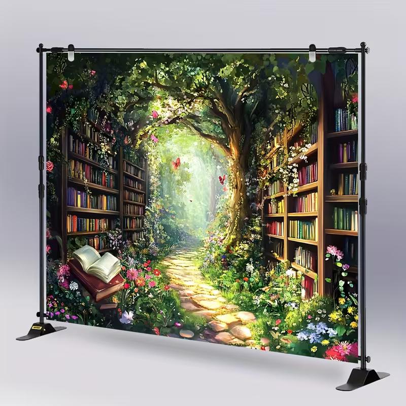 2D Fairy Tale Enchanted Bookshelf Forest Tapestry, Wall Decor for Wedding & Events
