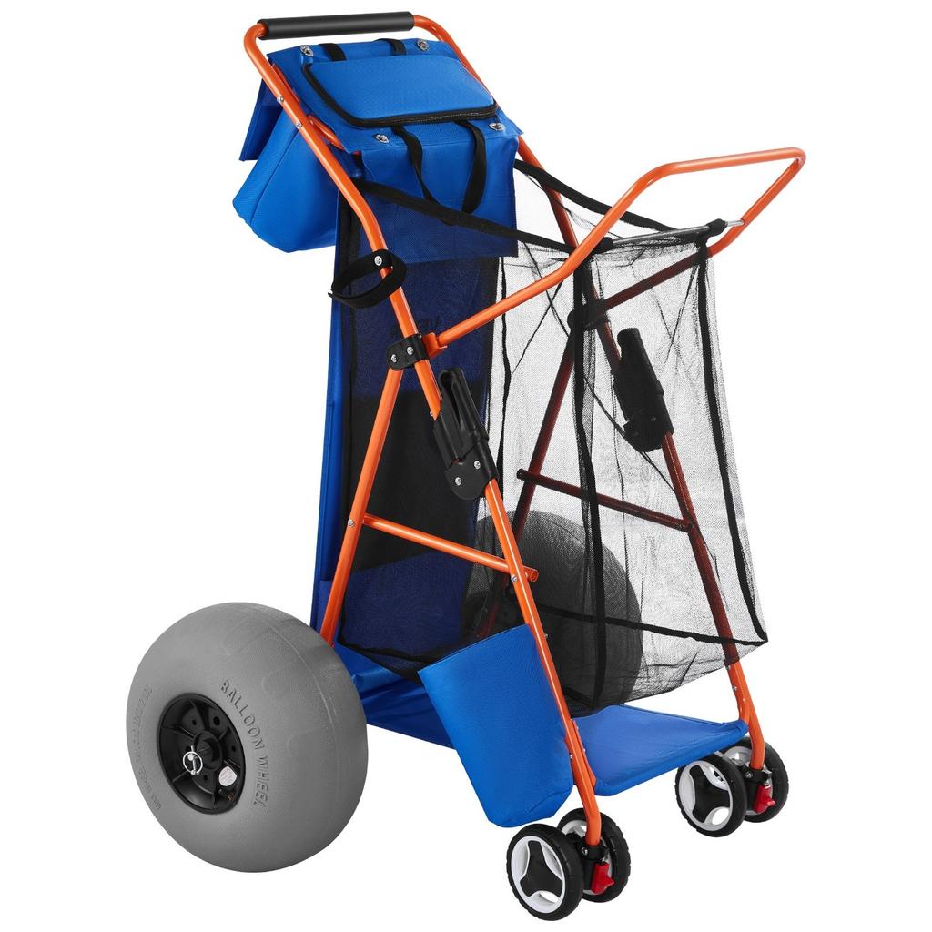 Beach Cart with Large Wheels for Sand, 75 kg Load Capacity, Heavy Duty Folding Beach Wagon with 320 mm Balloon Wheels, Insulated Cooler Bag, Umbrella