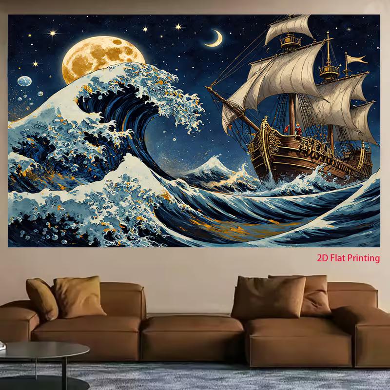 2D Pirate Ship Night Background, Big Wave and Golden Moon Decor