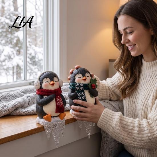 Cute Penguin Holiday Figurines Icicle Lighted Ornament, Battery Operated Christmas Window Sill Decor, Reusable Yard Accents Warm Glow Porch