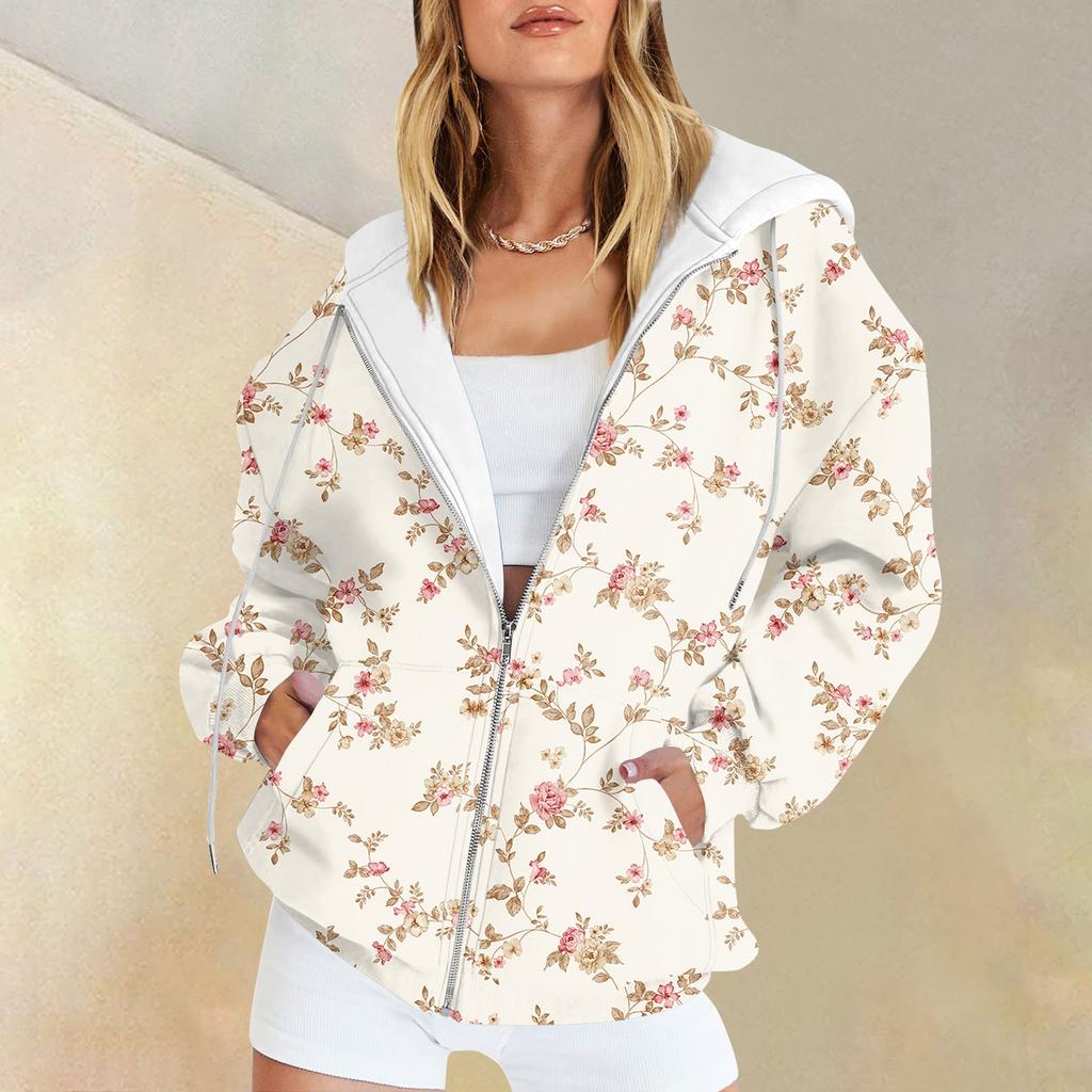 Женская мода повседневная спортивная одежда с цветочным принтом на осень и зиму с длинными рукавами и карманами, куртка-кардиган с капюшоном на молнии, куртка