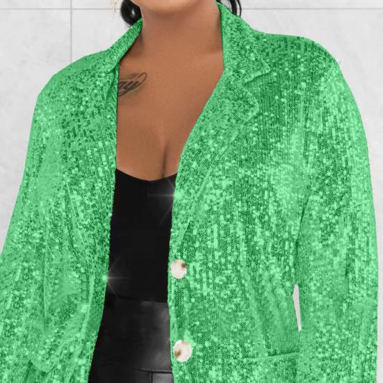 Женский пиджак с лацканами, длинный рукав, однобортный пиджак с карманами-клапанами, блестящие пайетки, свободная верхняя одежда