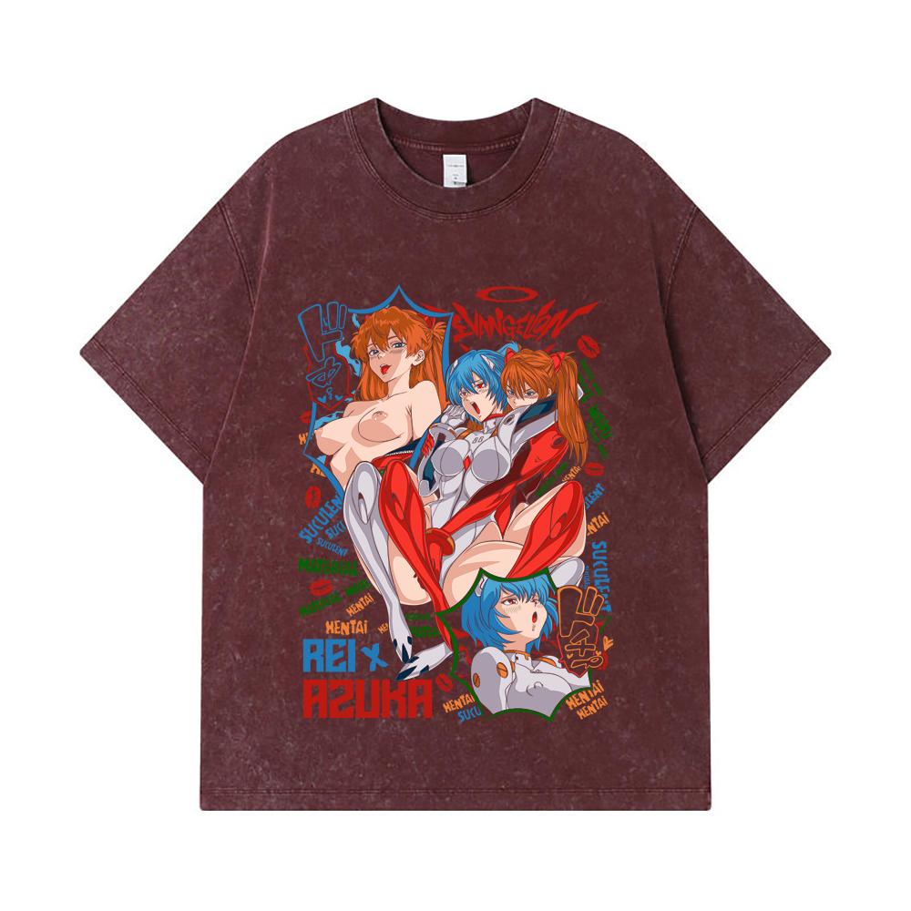 Стиранные футболки 275 г/м² 100% Хлопок Evangelion V9 Аска Рей Ваифу Принт Унисекс Плотная хлопковая футболка
