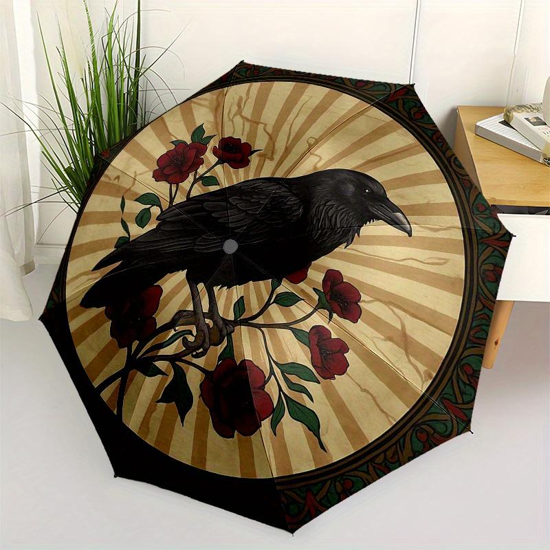 Raven & Red Roses: A Unique Circular Art PrintUmbrella, Portable 3-Fold Compact Umbrella,Christmas Gift ES370