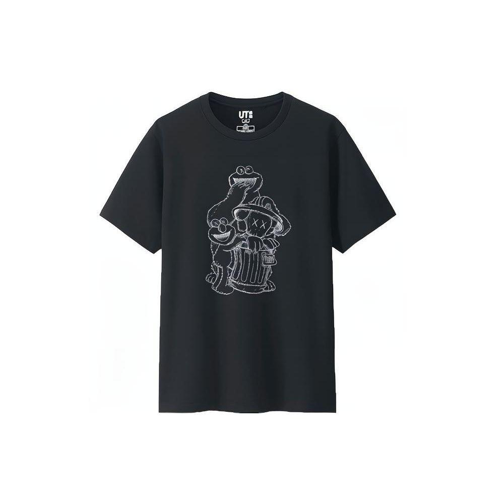 Uniqlo X Улица Сезам X Kaws Коллаборация Печатная футболка с коротким рукавом Обычная унисекс Топы Черный 416157-02