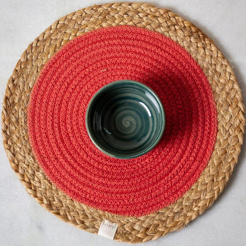 Jute Set of 2 Dining Table Mat 30Cm Round Mat - Coral (Single Ring) | Used As Centre Table Decor Placemat/House Warming Gifts for New Home