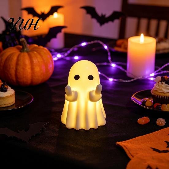 Whimsical Ghost Statue LED Middle Finger Halloween Night Light, Cute Spooky Handmade Ornaments for Desktop Home Office Decor Haunted House Display
