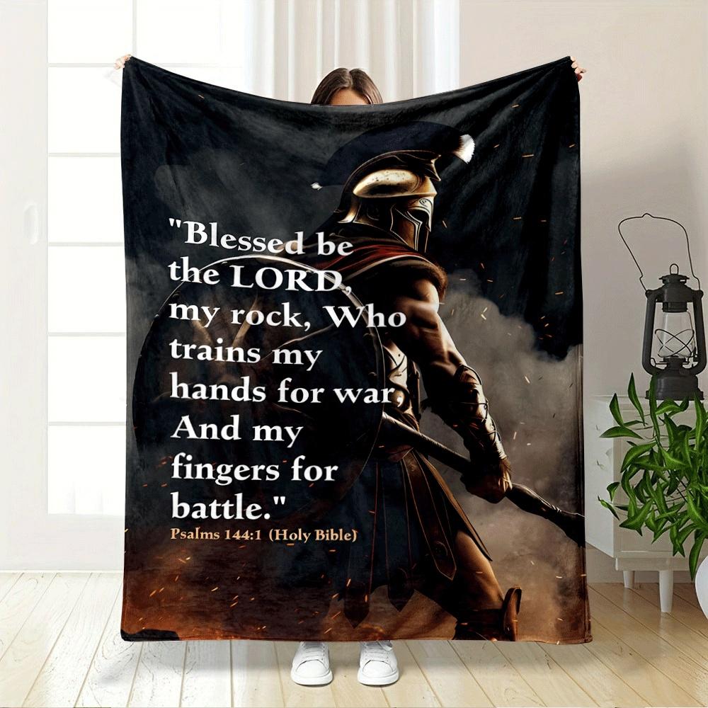 Warrior in armor with a dramatic background and Psalm 144:1 text overlay. for all seasons blanket lunch break throw gift