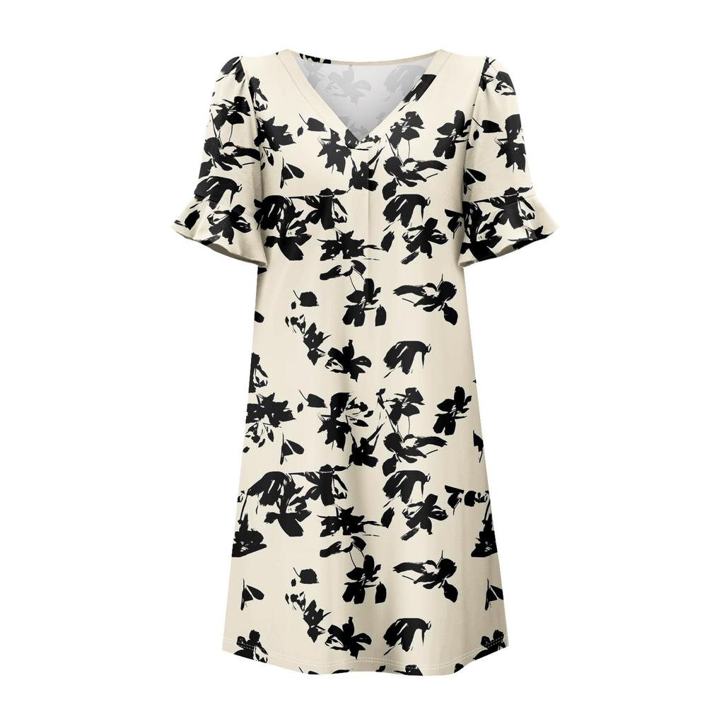 Летние платья для женщин с V-образным вырезом, оборками и коротким рукавом, повседневное свободное платье с принтом, пляжное платье с карманами