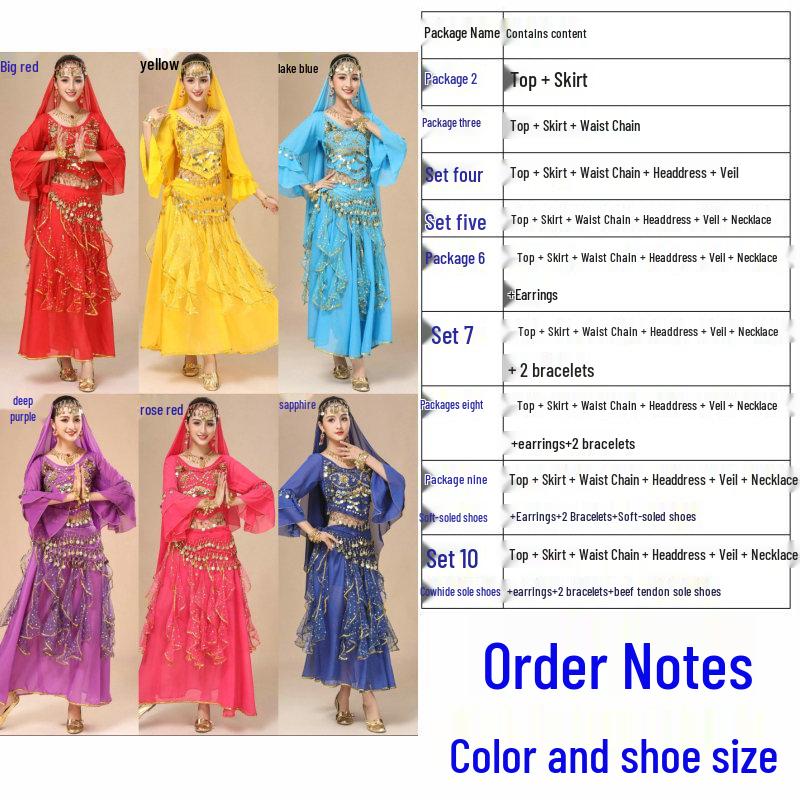 Костюм для танца живота для женщин - Этнический набор для выступлений с юбкой с рукавами-колокольчиками