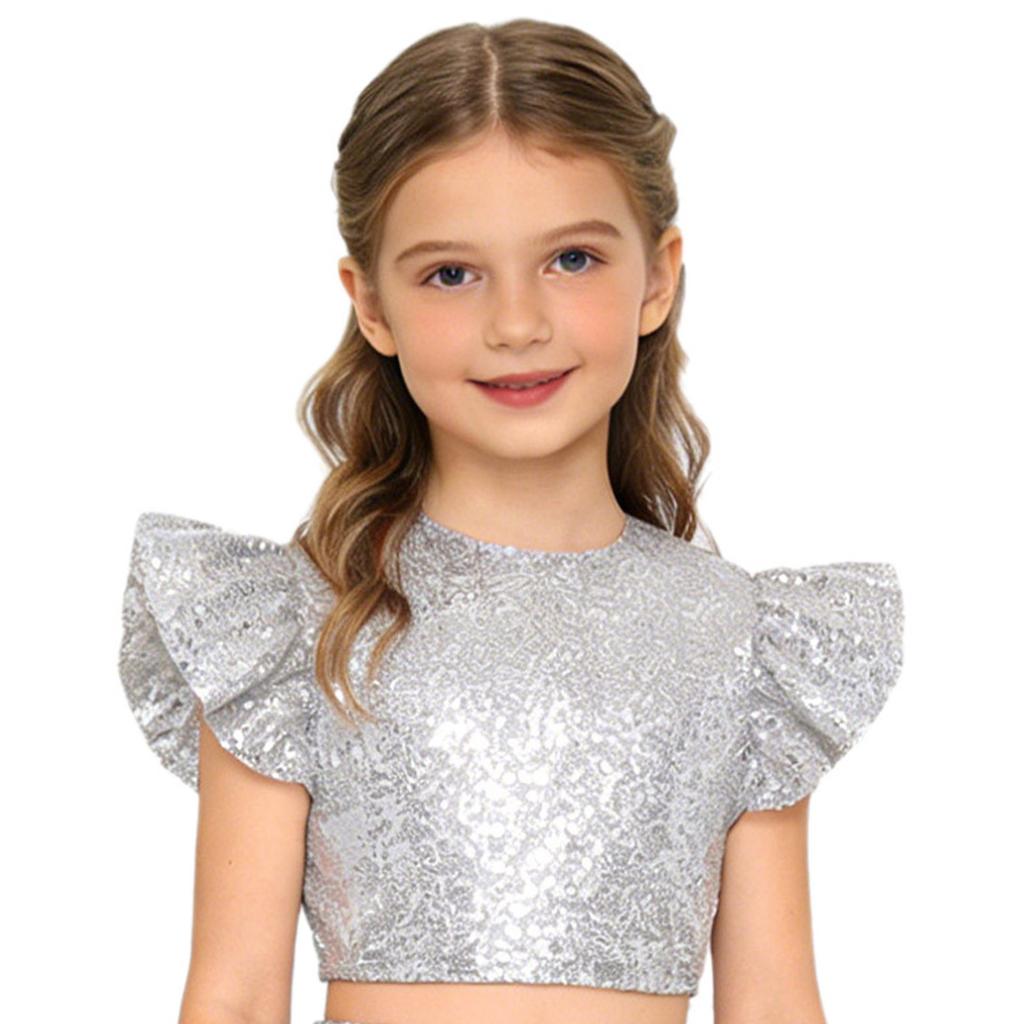 Девочки Вечеринка Блузка Топ Блестящий Пайетки Укороченный Топ Круглый Вырез Складчатый Рукав-Крылышко Дизайн На Подкладке День Рождения Топ