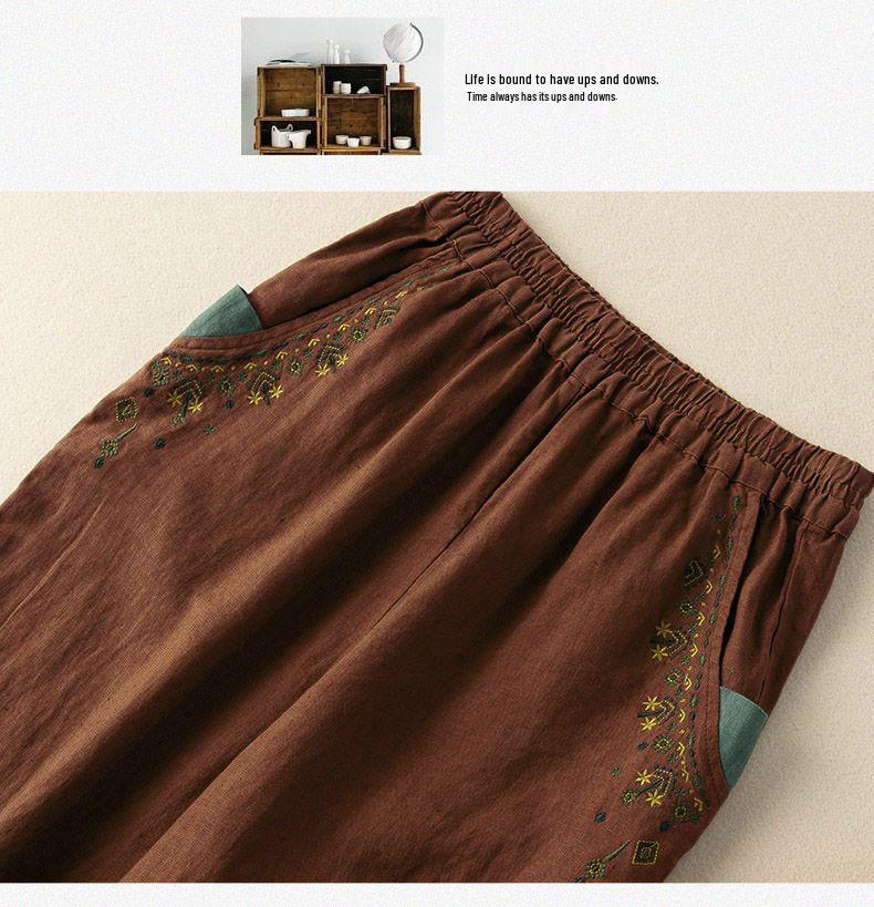 Женские ретро вышитые хлопково-льняные брюки-морковки: 2024 Свободный стиль гарема для весны, лета и осени