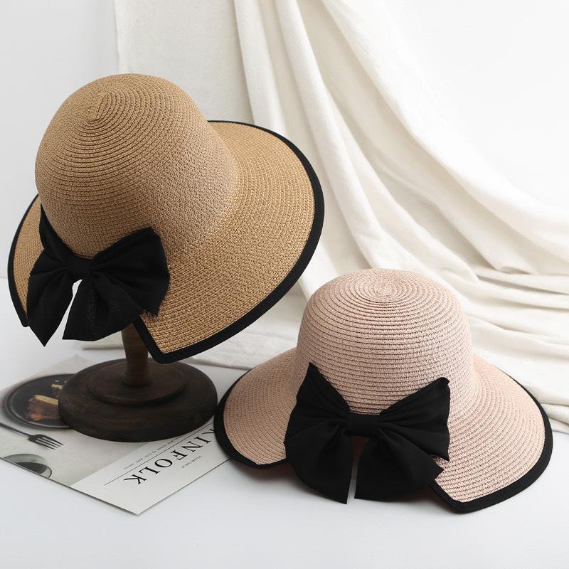 Korean Version Summer Sunscreen Floppy Raffia Straw Hat with Large Bow and Open Ponytail Foldable Casual Character Style Unisex