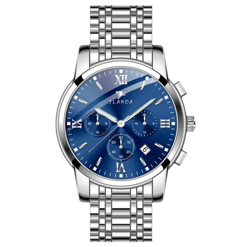 Men Chronograph Watch Metal Band Analog Quartz Wrist Watch Luminous Display Waterproof Business Dress Watch with Date