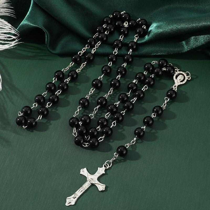 1pcs Handmade Necklace Ladies Imitation Vintage Pearl Rosary Beads With Cross Pendant Jewelry