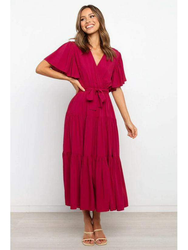 Богемное платье с V-образным вырезом, принтом, короткими рукавами и приталенным силуэтом, длинное, в наличии