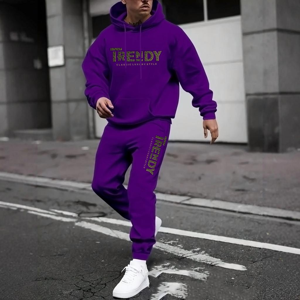 Men's Casual Solid Color Letter-printed Sweatshirt Set, Men's Fleece Hooded Drawstring Sweatshirt And Sweatpants Two-piece Set