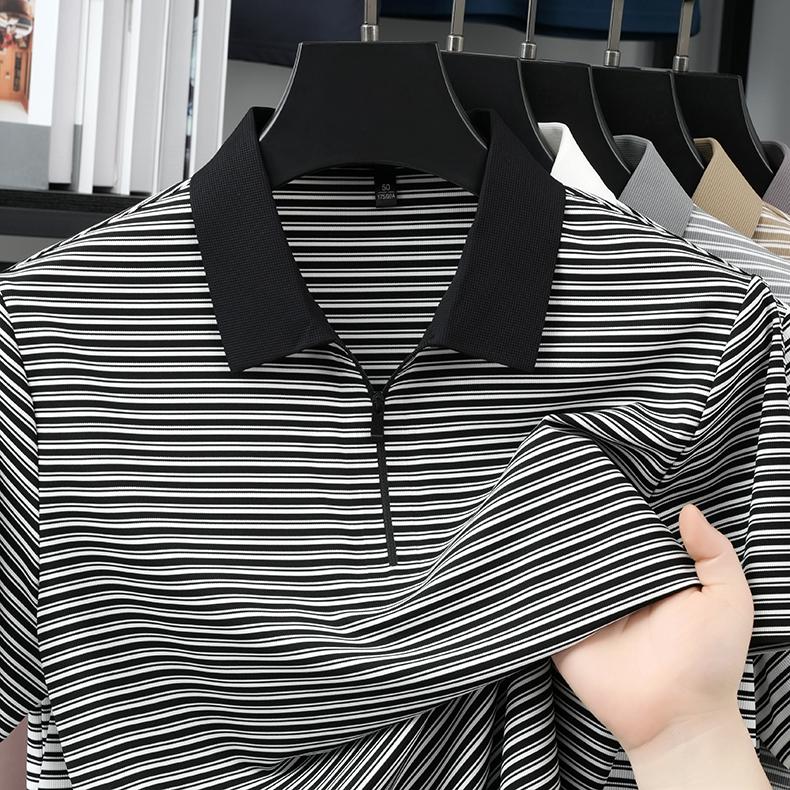 Classic striped men's casual seamless zipper polo shirt with four-way high elasticity