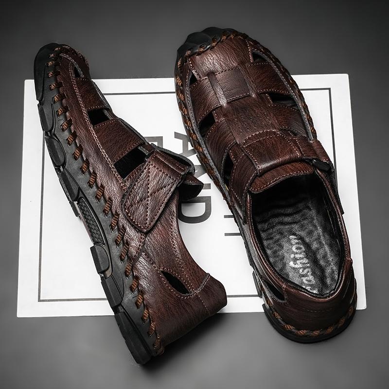 Plus Size Hand Stitching Men Genuine Leather Hollow Out Beach Sandals