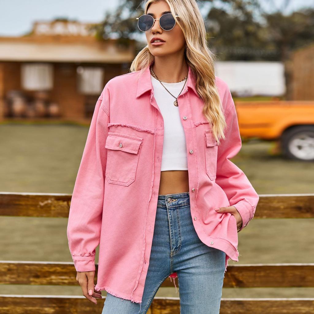 GMXIA Осенняя рубашка поло с длинным рукавом из денима с меховой кромкой и бахромой, повседневная рубашка для женщин, куртки и пальто