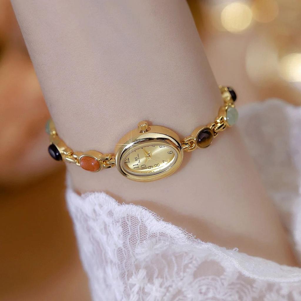 Vintage Oval Small Dial Women's Watches Natural Jade Multi Treasure Bracelet Light Luxury Casual Quartz Watch for Women
