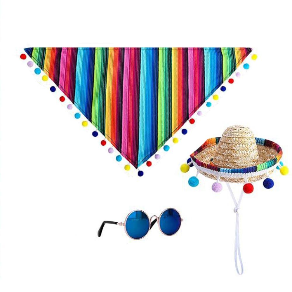 Adjustable Pet Hat Scarf Mexican Style Multicolor Striped Pet Triangle Scarf with Glasses Pet Bibs Decorative Big White Goose