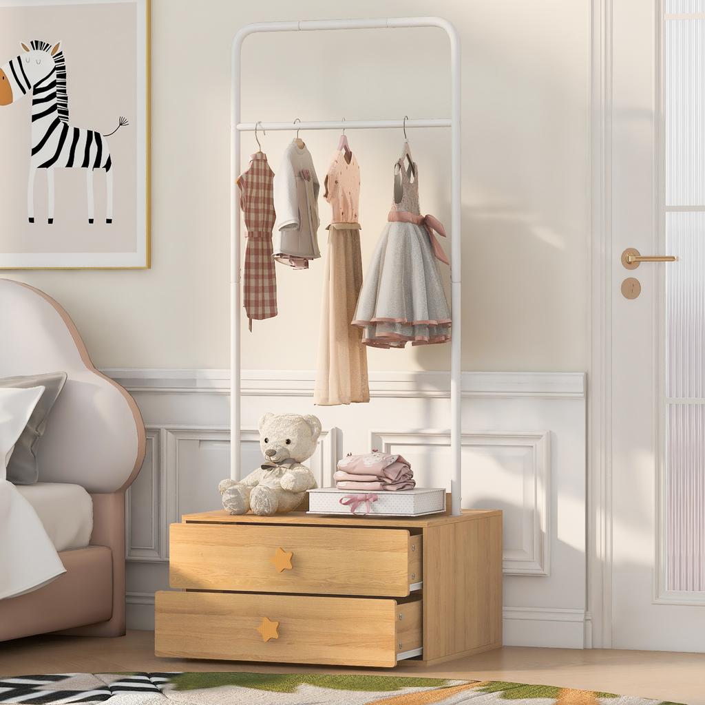 Coat rack 70 × 55 × 168, with 2 drawers, star-shaped handles and large clothes hooks, wood color