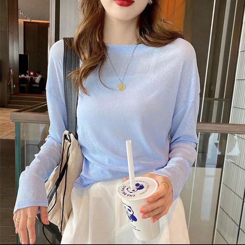 Women's Summer Ice Silk Gauze Sunscreen Blouse, Thin Airy Long-Sleeve Pink T-Shirt