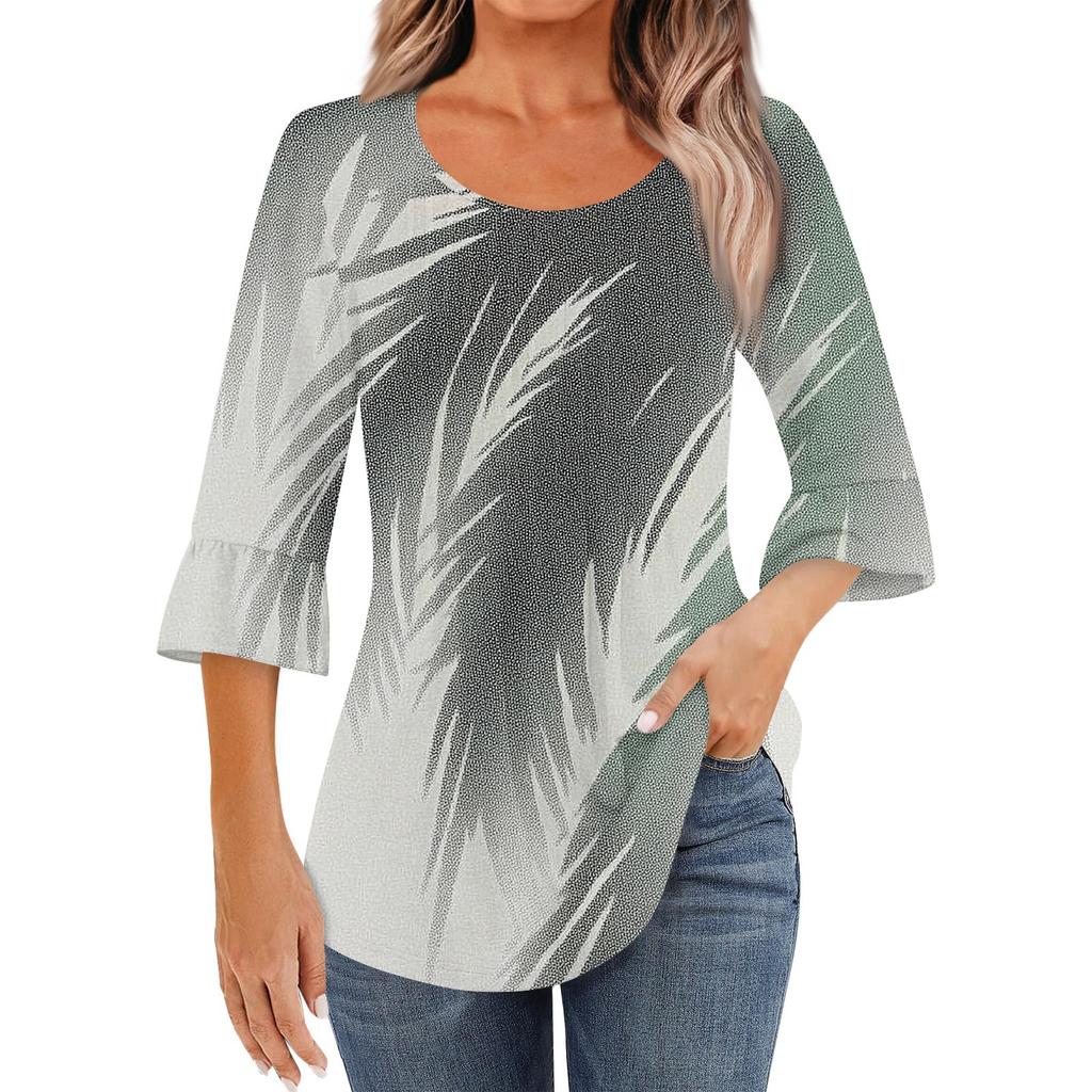 Women's Fashion Casual Pleated Round Neck Floral Print Three-Quarter Sleeve T-Shirt Top