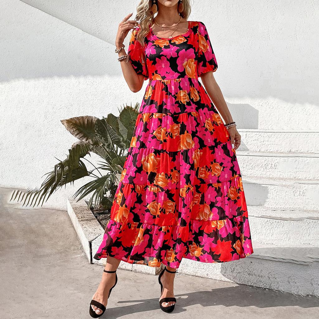 Casual Women's Summer Dresses Puff Sleeve Floral Maxi Dress Gathered Open Back Flowing Layered Beach Maxi Dress