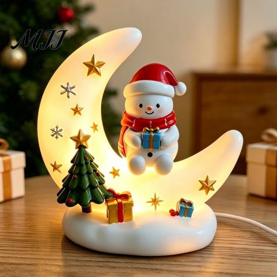 Elk Figurine Ornament Christmas Moon Night Light with Santa Claus, Resin Decoration Warm LED Ornaments Glow, Holiday Tabletop for Home