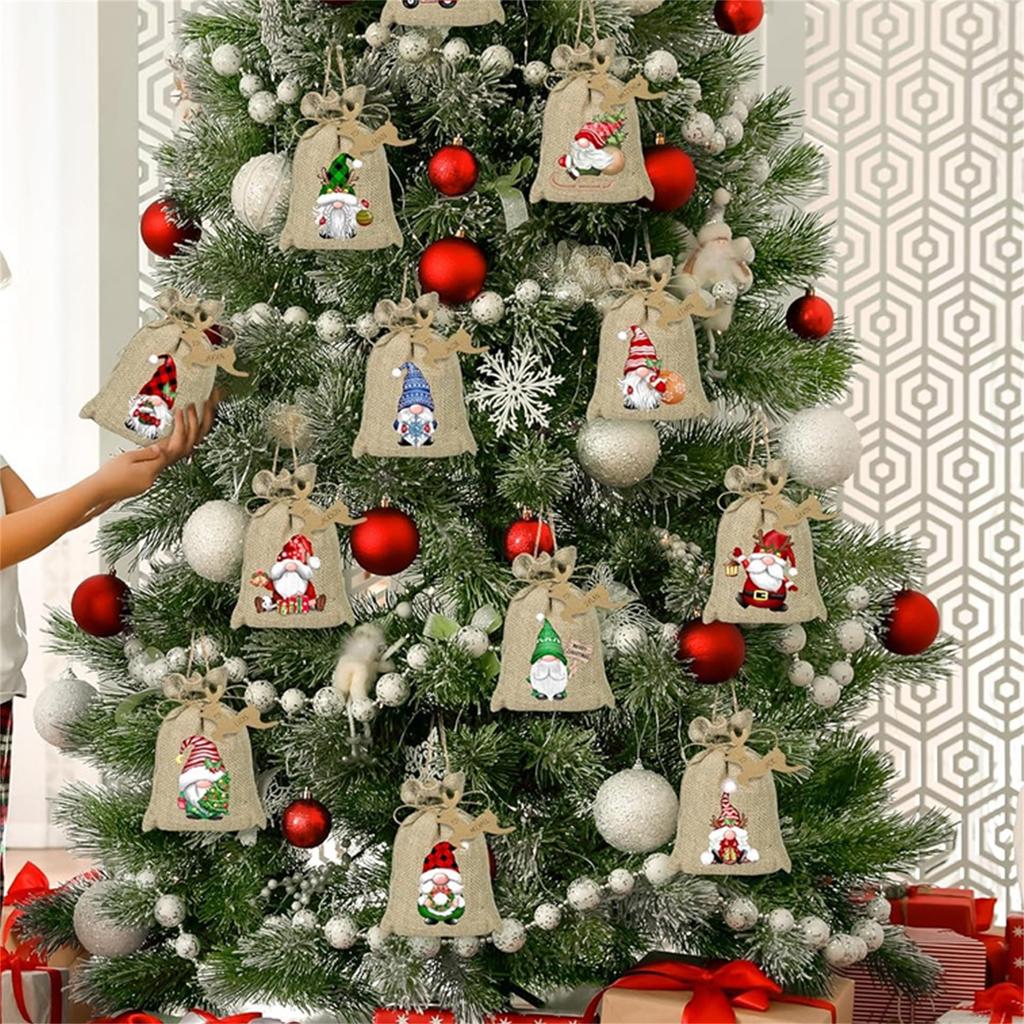 12 шт. Подарочные пакеты для вечеринки, Льняные упаковочные мешки, Рождественские подарочные мешочки