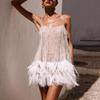 Women Party Slip Dress Layered Fringed Hem Backless Sleeveless Low-cut Collarless Sequin Decor