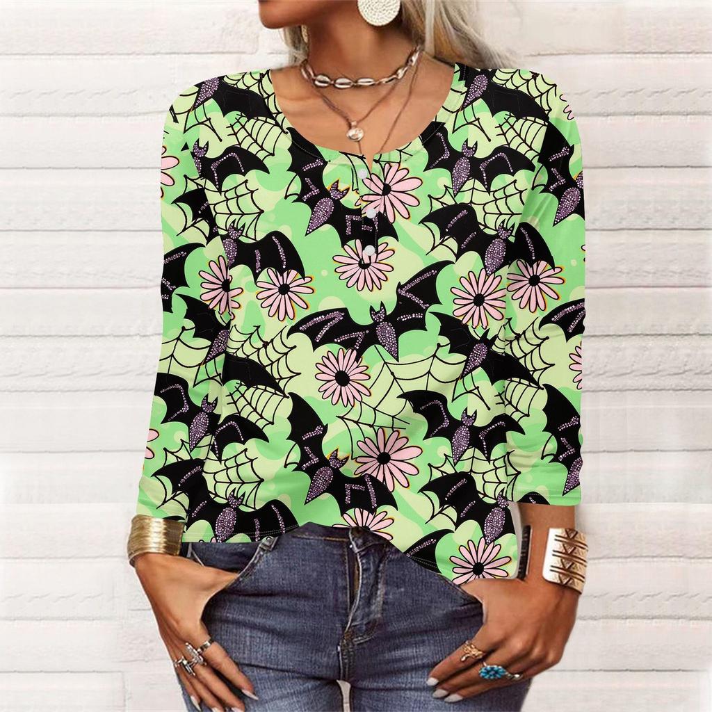 Long Sleeve Shirts For Women Halloween Pattern Print Graphic Tees Blouses Casual Plus Size Basic Tops Pullover