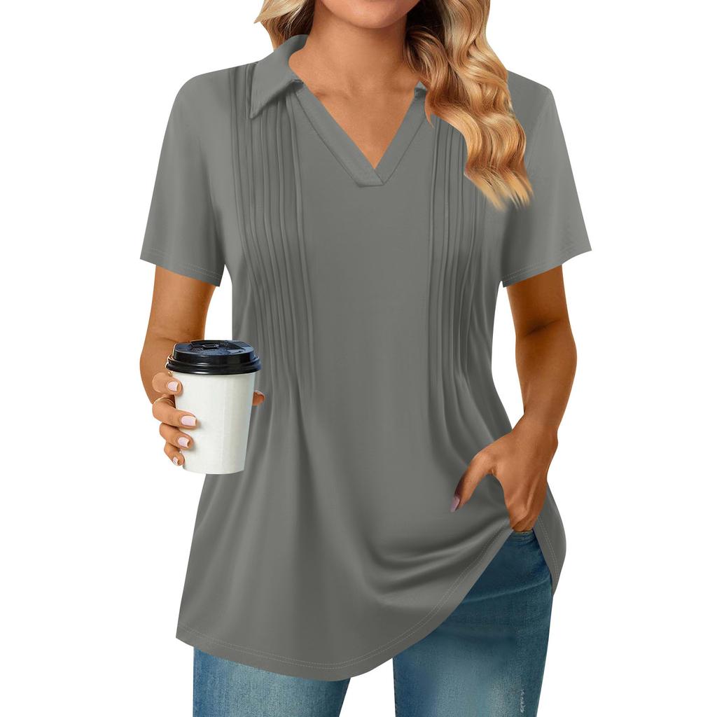 Женские футболки с коротким рукавом, плиссированные, с V-образным вырезом, однотонные, с воротником, летние топы, модные, деловые, повседневные, для работы