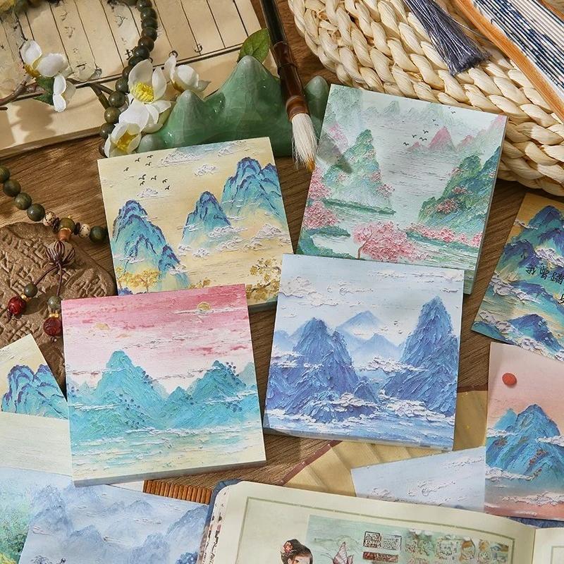 90 Sheet Retro Chinese Style Memo Pad Vintage Landscape Scrapbooking Memo Pad Lovely Sticky Note Scrapbooking Material