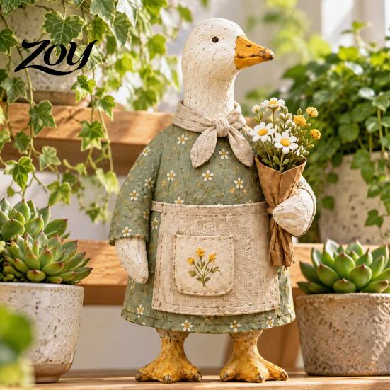 Pastoral Style Decorations Rustic Garden Goose Figurine, Resin Statue with Apron Holding Flowers, Healing Room Accessories Cute Animal Ornament