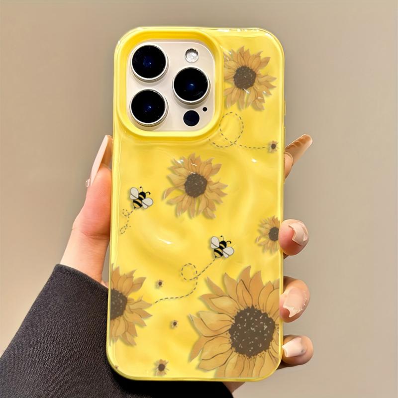 Чехол для телефона с рисунком «Подсолнух и пчела» для Iphone 17 Air 16 16e 15plus 14 13 12 11 Pro Max Простая фактурная обложка с морщинками