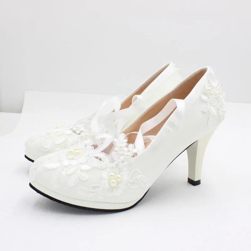 Fashion White Lace-Up Flower Wedding Bridal Shoes Design Pearl Spike Heels Pumps Women Round Toe Platform High Heels Luxury Prom Shoes