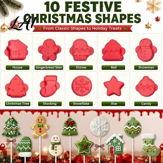 Reusable Plastic Baking Tools 10 Pairs Christmas Cookie Cutter Set Biscuit Stamp Mold with Pop Sticks Gingerbread Set Man Tree House DIY Lollipop