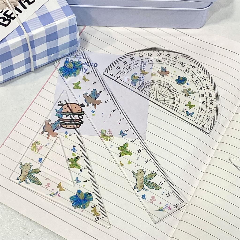 Cute Color Magical Cat with Wings Transparent Ruler 4-piece Set Student Triangle Ruler Protractor Plastic Ruler Stationery
