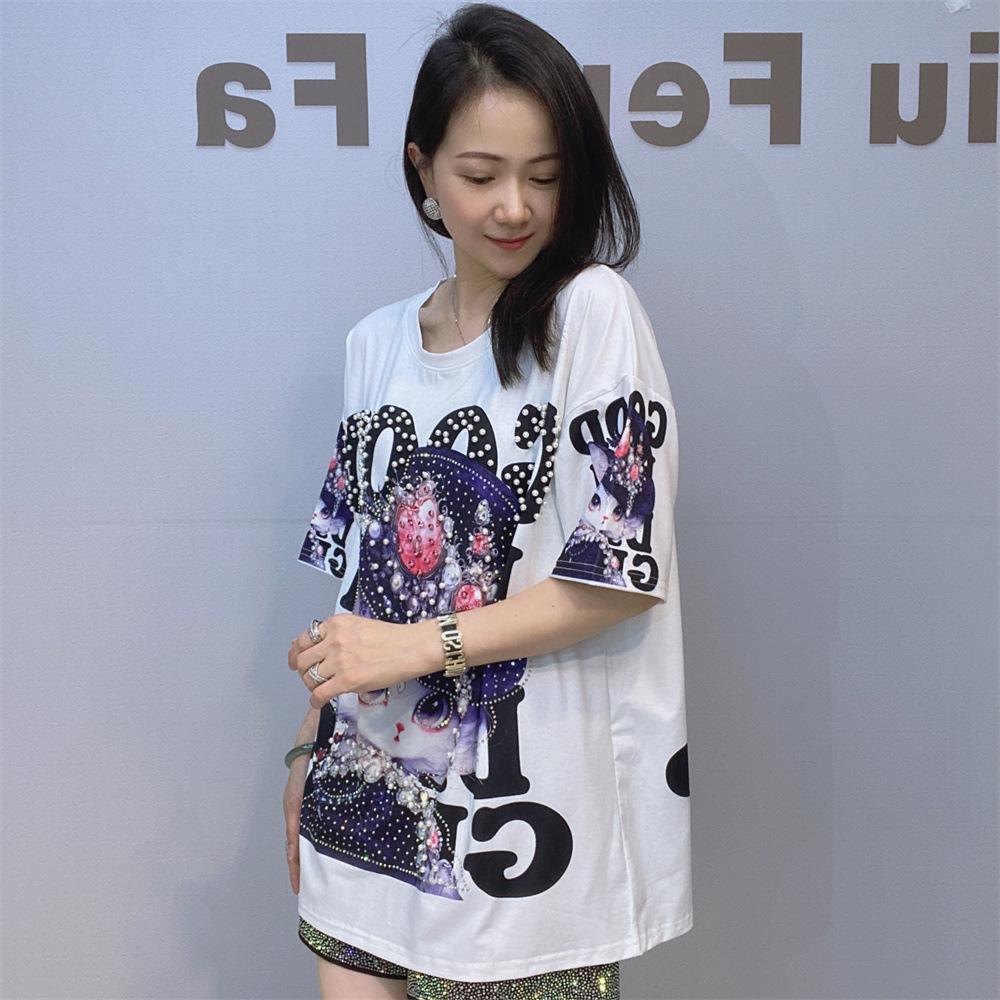 Модные футболки с принтом для женщин Летняя одежда Повседневный 3D мультяшный узор Горячие бриллианты Бисероплетение Женские топы с коротким рукавом Футболка